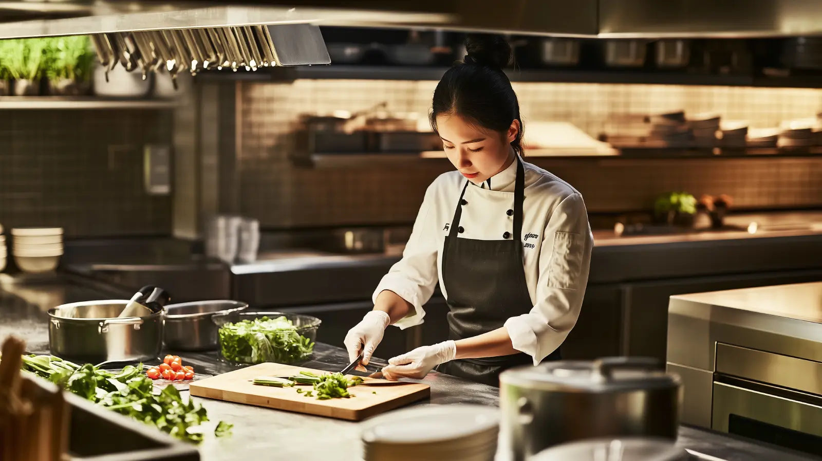 Young Asian chef in a professional kitchen preparing fresh vegetables and ingredients for elaborate dishes, using high-quality, easy-to-use kitchen tools for efficient and skillful cooking.