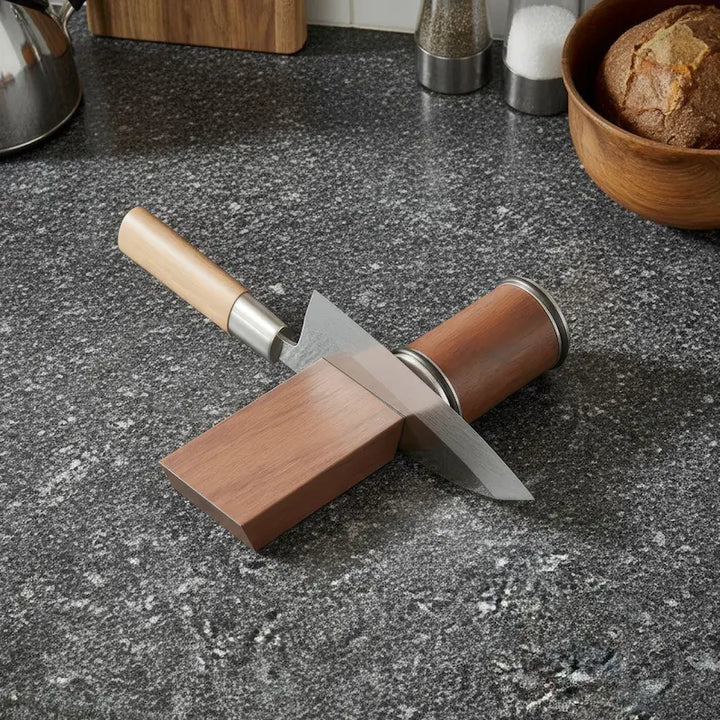 Yui’s Kitchen rolling knife sharpener kit with diamond wheel and magnetic guide, adjustable 15–20 degree angle for professional precision sharpening.