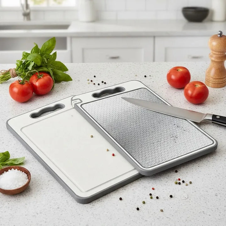 Two cutting boards on a kitchen counter with tomatoes and a knife.