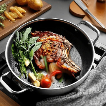 Deliciously grilled steak with fresh herbs and vegetables in a non-stick wok pan.
