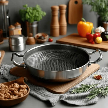 304 stainless steel honeycomb hex-pattern wok pan on wooden surface in a modern kitchen setting.