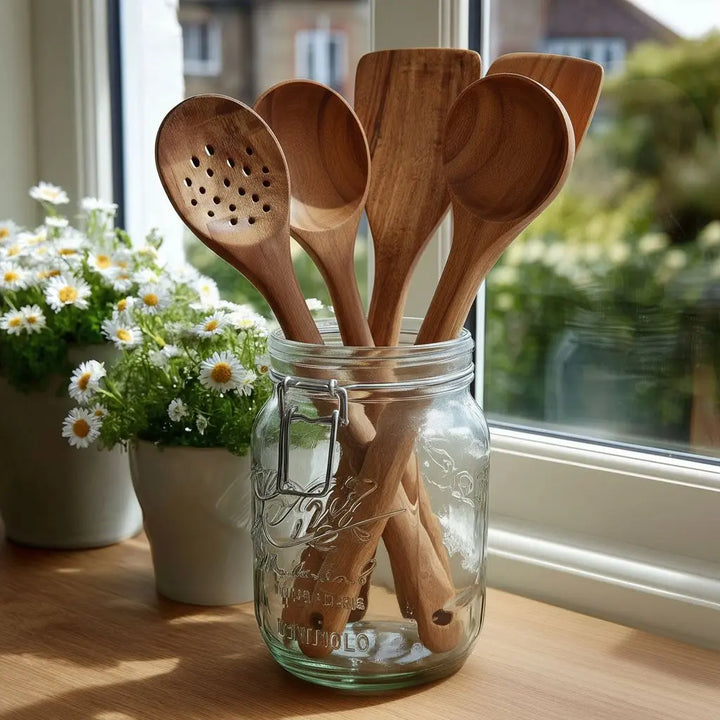 5-Piece Wooden Kitchen Utensils Set – Natural Teak Spoons