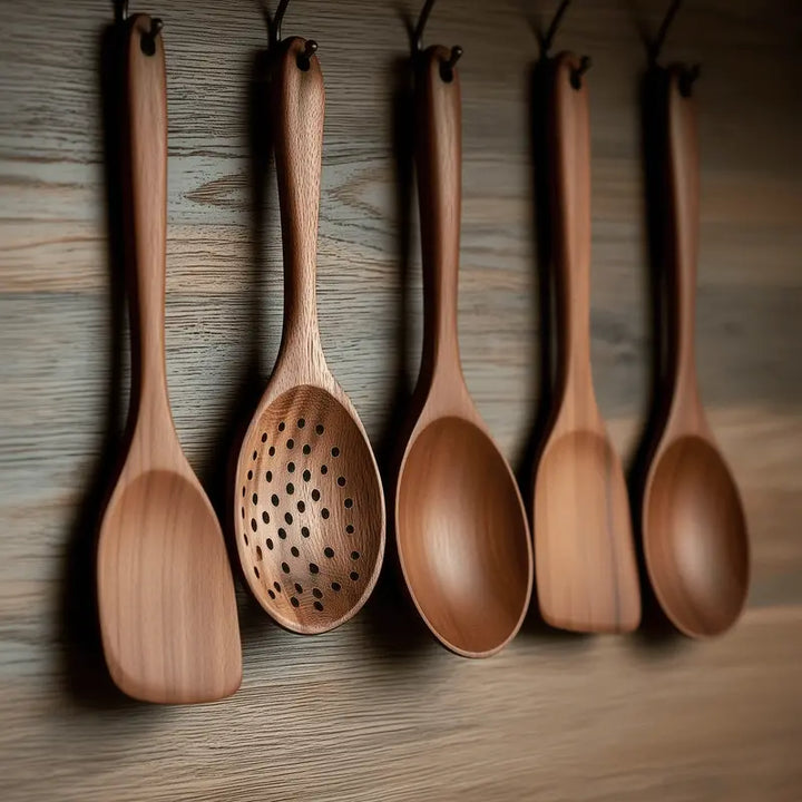 5-Piece Wooden Kitchen Utensils Set – Natural Teak Spoons