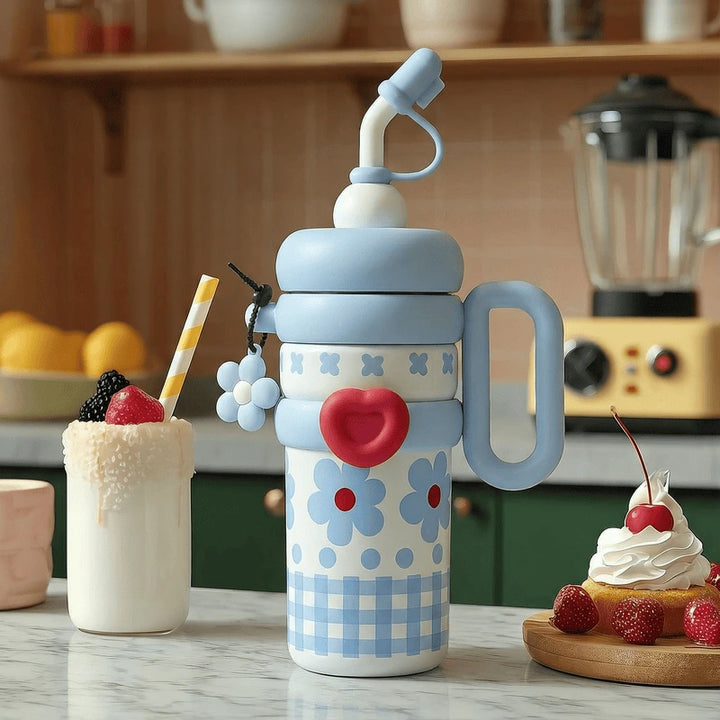 A colourful blue insulated thermos flask with floral patterns on a kitchen counter with a milkshake and desert
