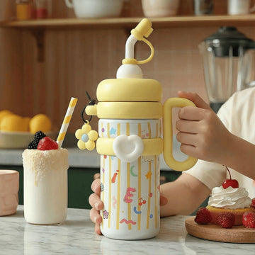 Person holding a a colourful yellow insulated thermos flask with cartoon patterns on a kitchen counter with a milkshake and desert