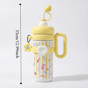 A colourful yellow insulated thermos flask with cartoon patterns dimension image