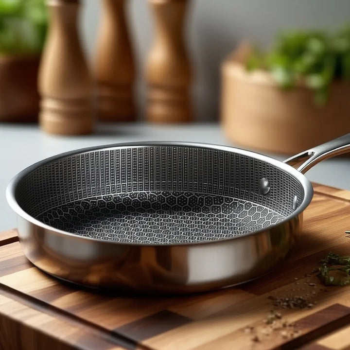 A closeup view of a premium stainless steel non-stick honeycomb tri-clad frying pan on a chopping board in a modern kitchen showing the detail of the honeycomb structure