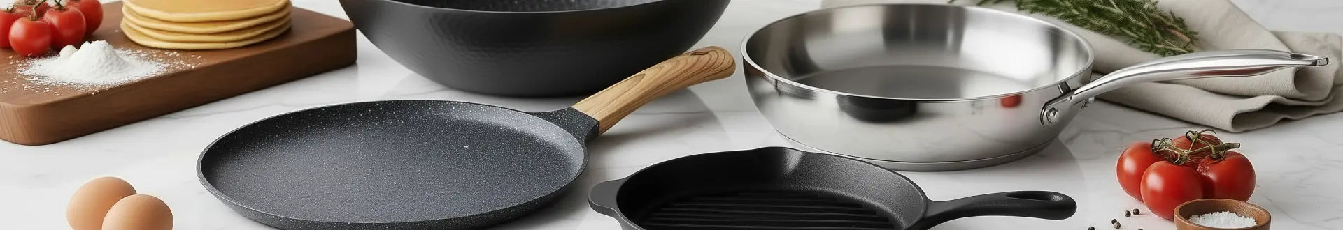 Set of frying pans on a kitchen counter with ingredients in the background