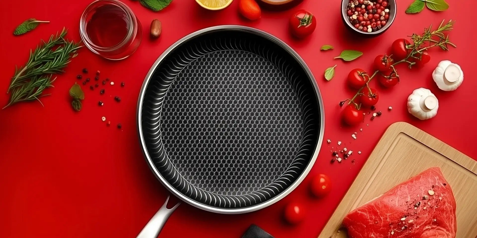 A top view closeup of a stainless steel honeycomb non-stick frying pan with some ingredients around it on a bright red kitchen worktop.
