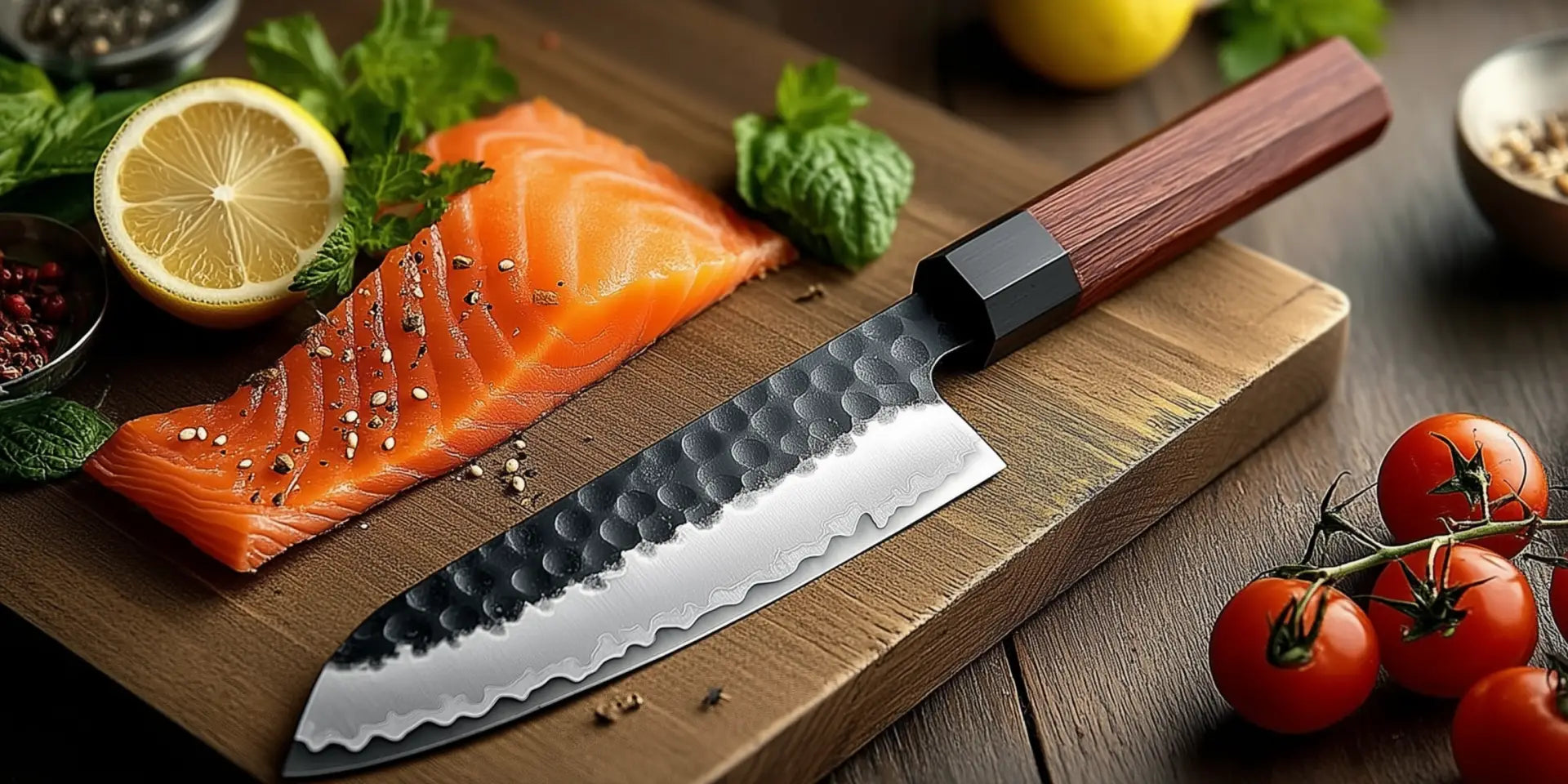 A Japanese chef's knife on a wooden chopping board on a kitchen worktop with some salmon and tomatoes ready for slicing.