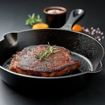 Seared steak with rosemary in a cast iron skillet on a dark background