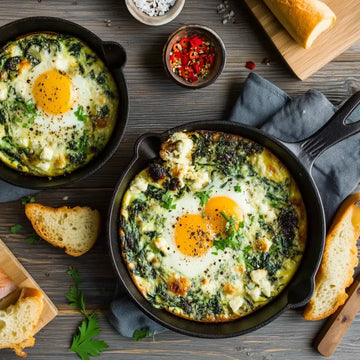 Two cast iron skillets with baked eggs and spinach on a wooden table with bread and herbs.