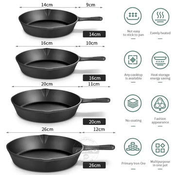 Cast Iron Frying Pan – 14/16/20cm Non-Stick Skillet for Induction, Gas and Oven Cooking