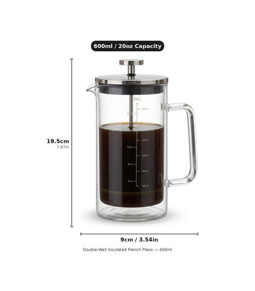 French press dimensions: 19.5cm tall, 9cm diameter, 600ml/20oz capacity