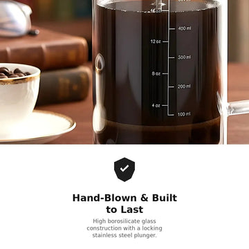 Hand-blown borosilicate glass body with locking stainless steel plunger