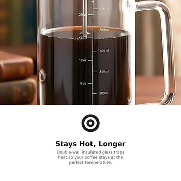 Close-up of double-wall insulated glass that keeps coffee hot longer