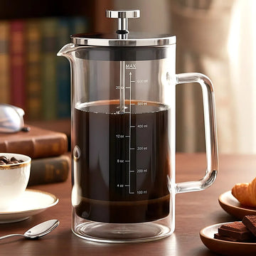French press full of fresh coffee on a wooden table with coffee cup and croissant