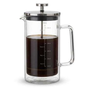 Double-wall insulated glass French press coffee maker on a white background