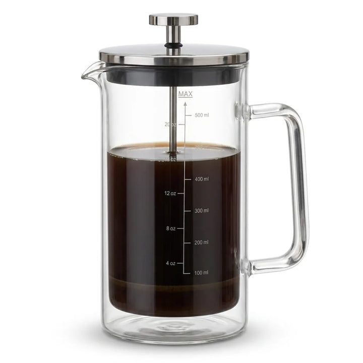 Double-wall insulated glass French press coffee maker on a white background