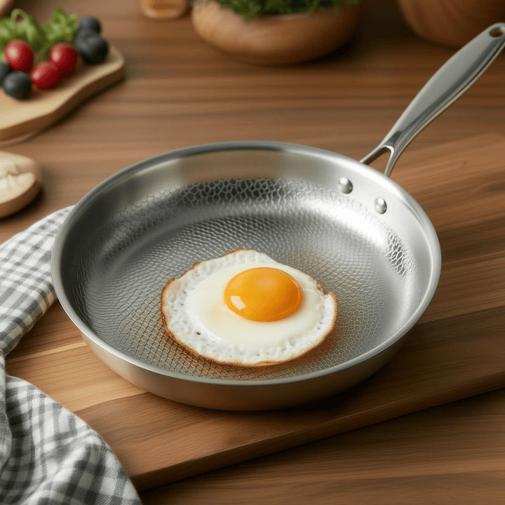 Fried egg in a German Stainless Steel Hammered Non-Stick Pattern frying pan on a wooden table with fruits and bread in the background.