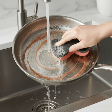 A person washing a Stainless Steel Hammered Pattern frying pan with a sponge in a kitchen sink