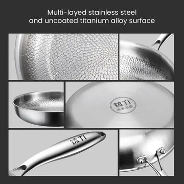 Closeup of the premium features of a German Stainless Steel Hammered Non-Stick Pattern frying pan