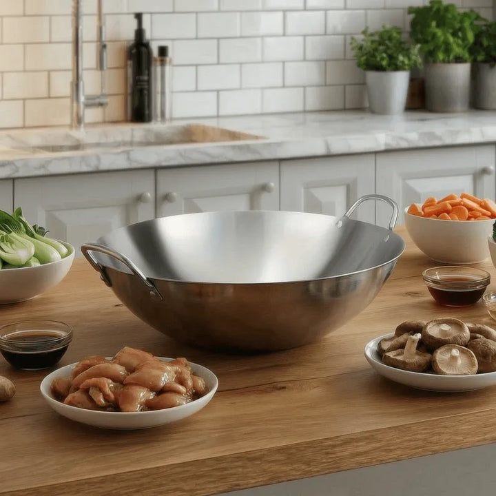 Uncoated stainless steel chef’s wok pan with dual handles, thick construction for high-heat stir frying on gas stoves on a kitchen worktop with stir-fry ingredients around it.