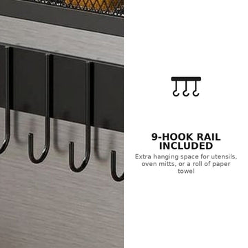 Included 9-hook rail gives extra hanging space for kitchen utensils and oven mitts