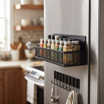 Magnetic spice rack mounted on the side of a stainless steel refrigerator, filled with spice jars