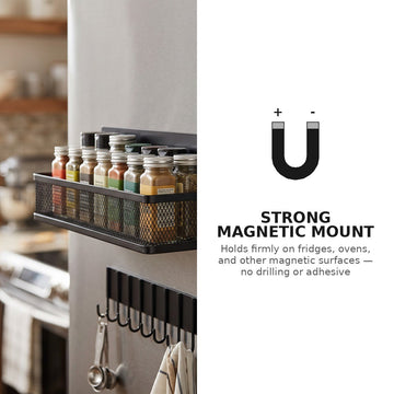 Strong magnetic mount holds the spice rack firmly on fridges and ovens with no drilling