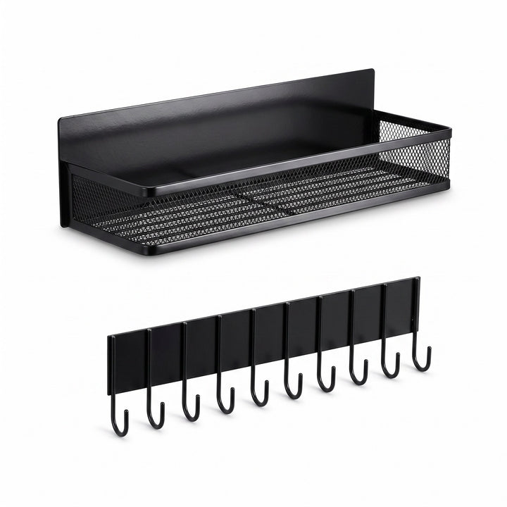 Black magnetic spice rack with mesh basket and 9-hook rail on a white background