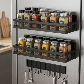 A black metal spice rack mounted on a stainless steel refrigerator door, holding multiple glass spice jars, with additional hanging utensils below on hooks.