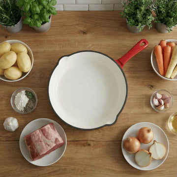 A top view of a Red enameled cast iron pan with premium non-toxic enamel coating, induction compatible, high-heat cooking ready, and easy-to-clean surface. Perfect for everyday cooking, durable and long-lasting.