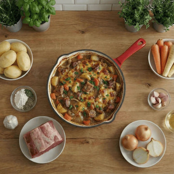 A top view of a Red enameled cast iron pan with premium non-toxic enamel coating, induction compatible, high-heat cooking ready, and easy-to-clean surface. Perfect for everyday cooking, durable and long-lasting with caserol inside the pan