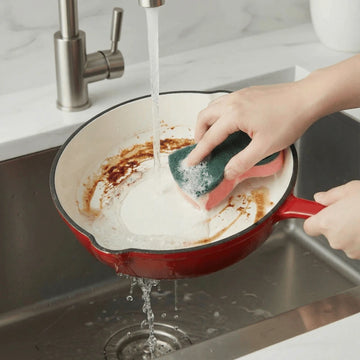 A top view of a Red enameled cast iron pan with premium non-toxic enamel coating, induction compatible, high-heat cooking ready, and easy-to-clean surface. Perfect for everyday cooking, durable and long-lasting being washed in a sink.