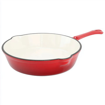 A white background image of a Red enameled cast iron pan with premium non-toxic enamel coating, induction compatible, high-heat cooking ready, and easy-to-clean surface. Perfect for everyday cooking, durable and long-lasting.