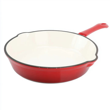 A white background image of a Red enameled cast iron pan with premium non-toxic enamel coating, induction compatible, high-heat cooking ready, and easy-to-clean surface. Perfect for everyday cooking, durable and long-lasting.