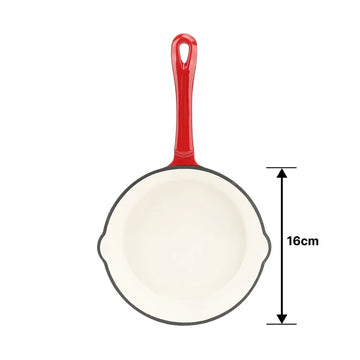 A dimension image of a Red enameled cast iron pan with premium non-toxic enamel coating, induction compatible, high-heat cooking ready, and easy-to-clean surface. Perfect for everyday cooking, durable and long-lasting.