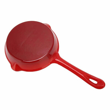 A bottom view of a Red enameled cast iron pan with premium non-toxic enamel coating, induction compatible, high-heat cooking ready, and easy-to-clean surface. Perfect for everyday cooking, durable and long-lasting.