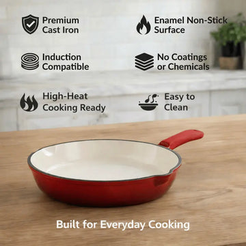 A feature image of a Red enameled cast iron pan with premium non-toxic enamel coating, induction compatible, high-heat cooking ready, and easy-to-clean surface. Perfect for everyday cooking, durable and long-lasting.