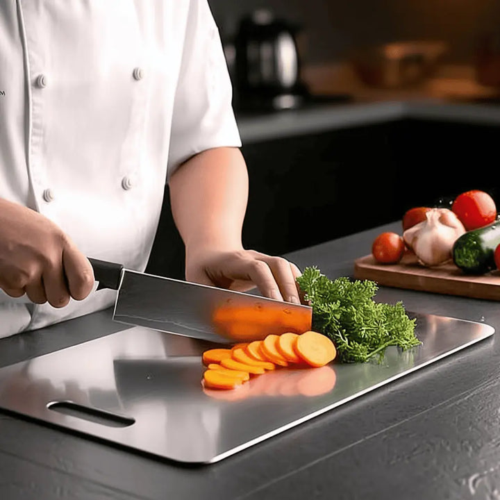 Person slicing carrots on a Stainless Steel Chopping Board with a kitchen setting in the background