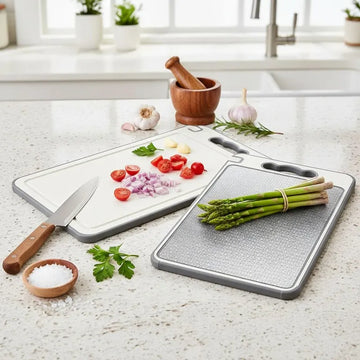Two cutting boards with vegetables on a kitchen counter