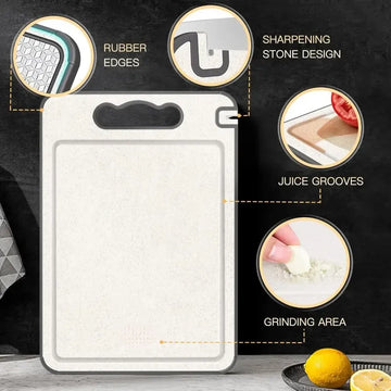 White cutting board with features highlighted on a black background