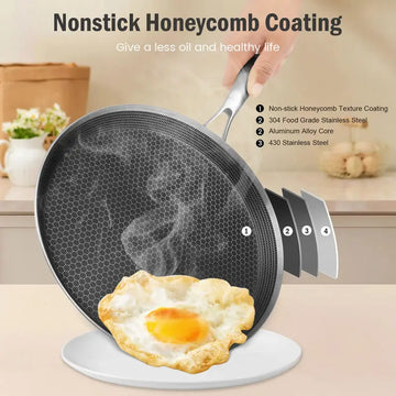stainless steel hexclad honeycomb non-stick crepe pan 26cm on a kitchen worktop with cooking ingredients