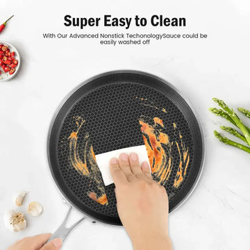 stainless steel hexclad honeycomb non-stick crepe pan 26cm on a kitchen worktop with cooking ingredients