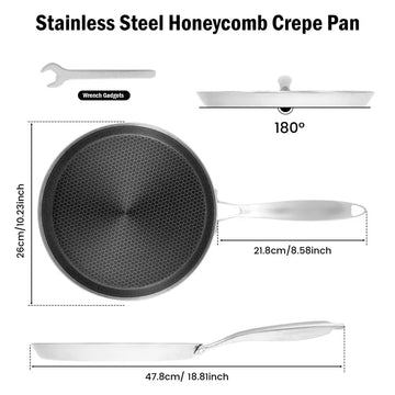 stainless steel hexclad honeycomb non-stick crepe pan 26cm on a kitchen worktop with cooking ingredients