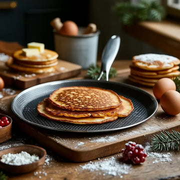 stainless steel hexclad honeycomb non-stick crepe pan 26cm on a kitchen worktop with cooking ingredients
