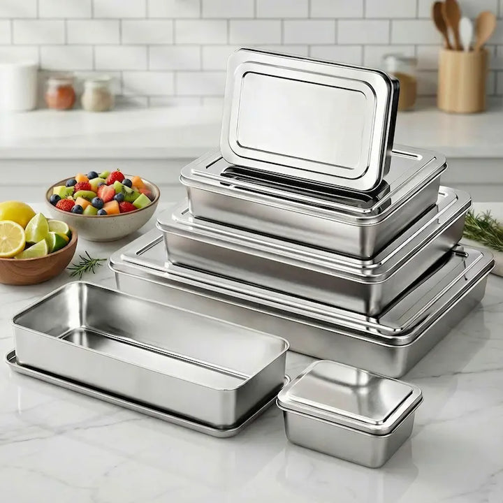 Tiramisu rectangular stainless steel storage tray in Japan-style design, shown with durable thick steel construction.