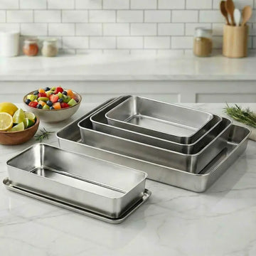 Tiramisu rectangular stainless steel storage tray in Japan-style design, shown with durable thick steel construction without lids.