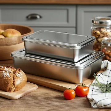 Tiramisu rectangular stainless steel storage tray in Japan-style design, shown with durable thick steel construction on a kitchen worktop.